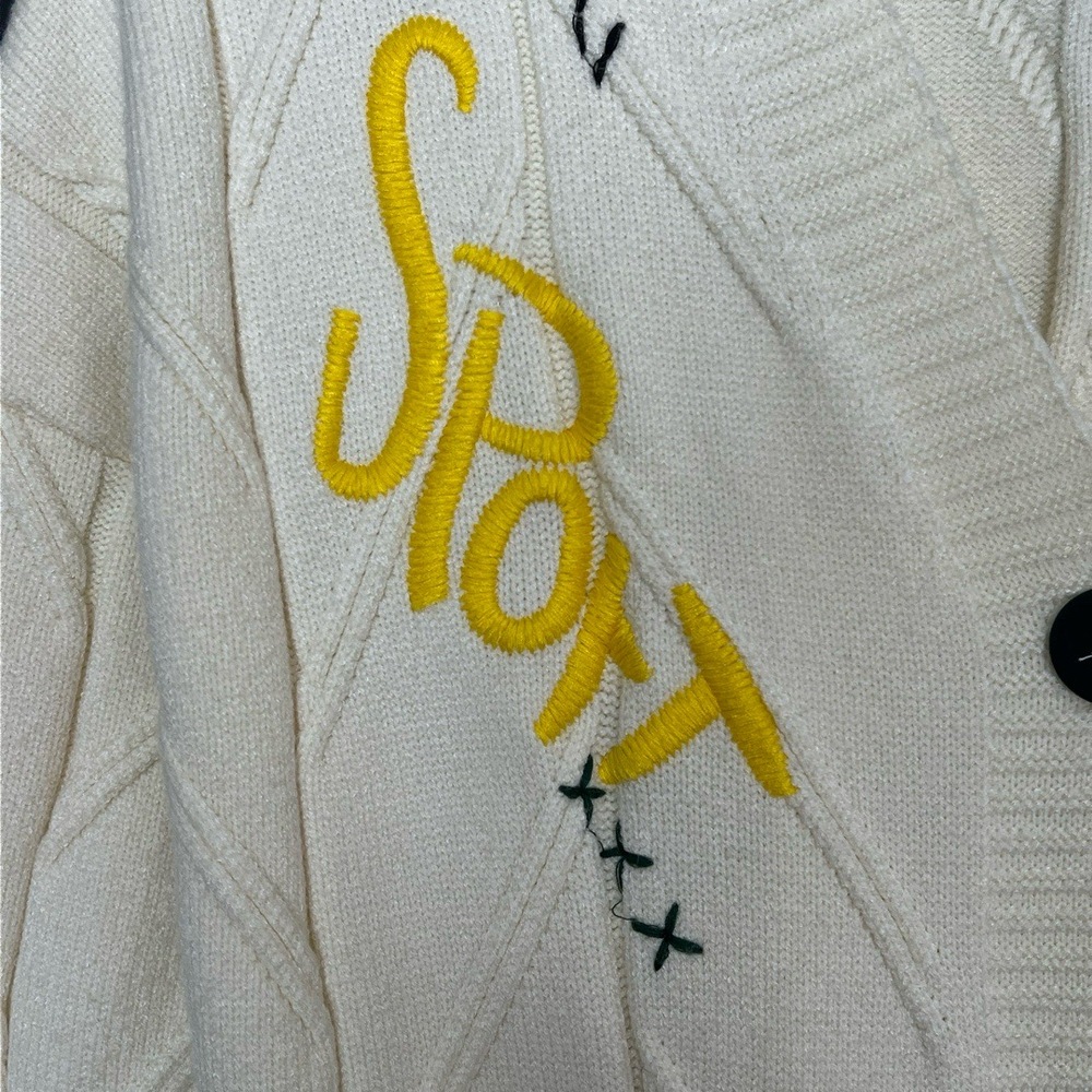 Womens Cardigan Size Cream Oversize Varsity Patchwork Embroidery Whimsical Retro - Picture 5 of 12